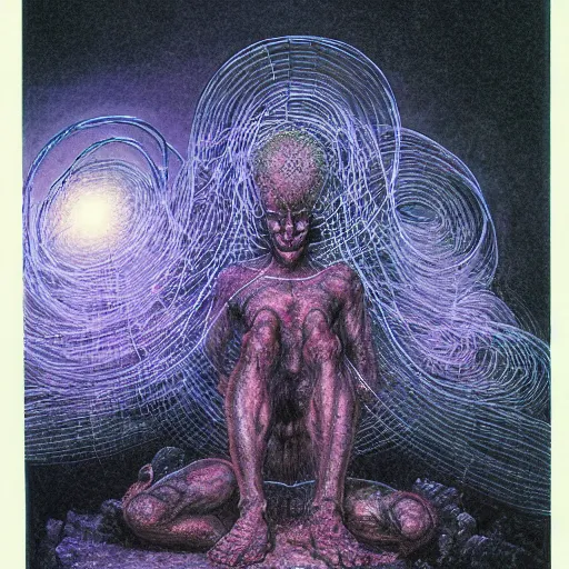 Image similar to an exhausted deity, contemplating existence, beyond the known universe, fine art, bokeh, omnidimensional, ocd, electroluminescent wire by wayne barlowe + jack davis