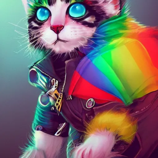 Image similar to wide angle full body, jacket wearing fluffy cute rainbow kitten wearing a black leather motorcycle jacket, cinematic concept art