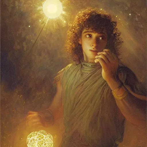 Prompt: a handsome young man with curly brown hair summons a ball of light into his hand. dramatic. cinematic. holy. saintly. demigod. lord of light. gaston bussiere. geoffroy thoorens