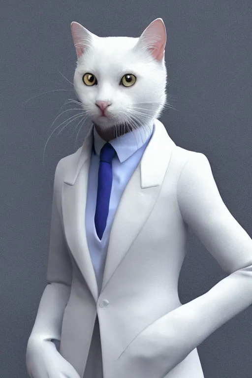 Image similar to a white cat wearing a formal overcoat, hyperrealistic, concept art, octane render, unreal engine 5, trending on DeviantArt, highly detailed, high quality, 8K, soft lighting, cute, studio background, studio lighting, realistic face, trending on Artstation, elegant clothes, profile picture