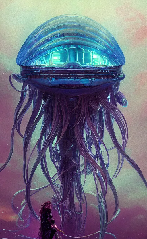 Image similar to Panorama hyper detailed painting of a cyberpunk jellyfish, blue tones, underwater, 8 mm, highly detailed, digital painting, artstation, concept art, smooth, sharp focus, illustration, art by artgerm and greg rutkowski and alphonse mucha