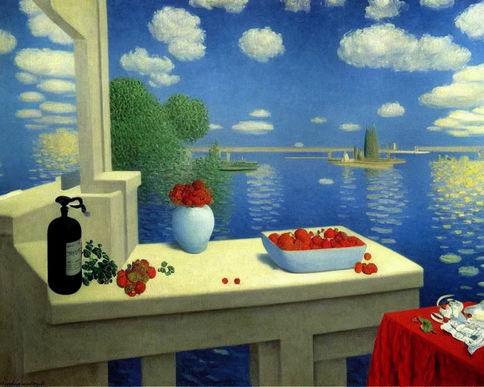 Prompt: achingly beautiful painting of a sophisticated, well - decorated kitchen sink by rene magritte, monet, and turner. whimsical.