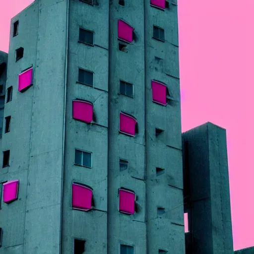 Image similar to a photo of a brutalist building with accents of pink and cyan. dark and moody.