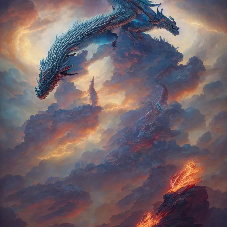 Prompt: dragon, fire, floating city on clouds, by wayne barlowe, peter mohrbacher, kelly mckernan, epic scene, 4 k, fantasy, colorful, environment, highly detailed, video game