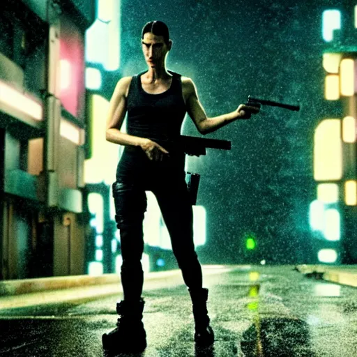 Prompt: jennifer connelly starring in a cyberpunk movie in a distopic futuristic city in the style of bladerunner, wearing a cropped black tank top, black boy shorts and black boots, firing a gun, muzzle flash, movie still, highly detailed, rainy night, volumetric lights, dramatic, scifi, sharp focus