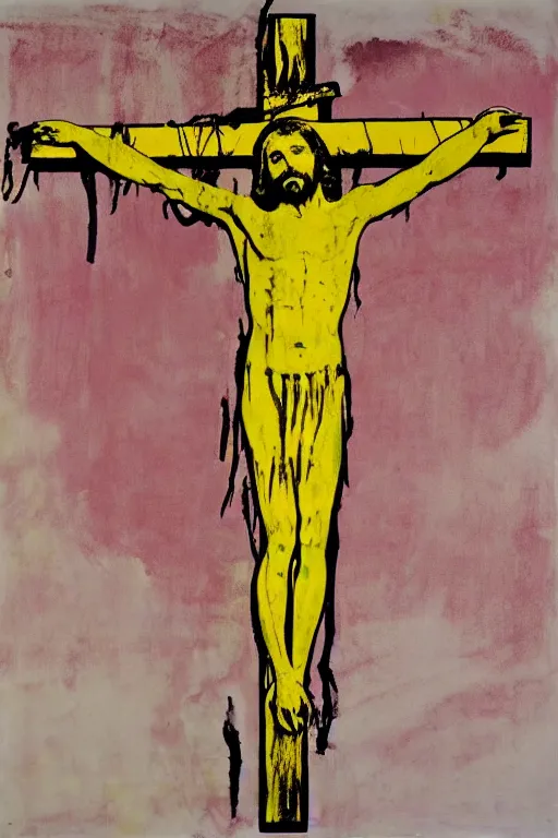 Prompt: bloody jesus christ crucified, yellow sky painted by andy warhol and cy twombly