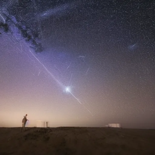 Image similar to perseid meteor shower, great space, glowy, astrophotographie, 8 k, high resolution, epic composition