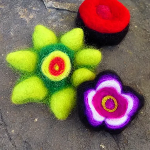 Prompt: a needle felted fire flower power up, needle felting art.