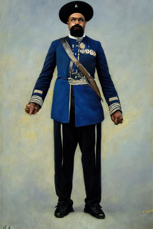 Prompt: full body portrait of the dictator of the orlando magic, 1 8 8 9, in full military garb, magic blue, silver, and black, oil on canvas by william sidney mount, trending on artstation