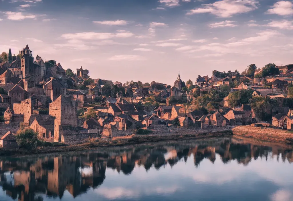 Image similar to a fantastic medieval township on the banks of a giant river, morning, beautiful, high contrast, 4 k, cinematic