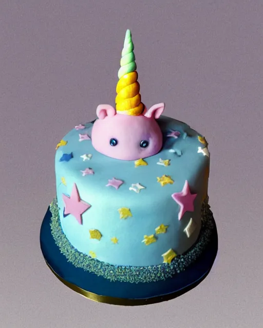 Image similar to photo of a childrens birthday cake unicorn designed by beksinski, bokeh