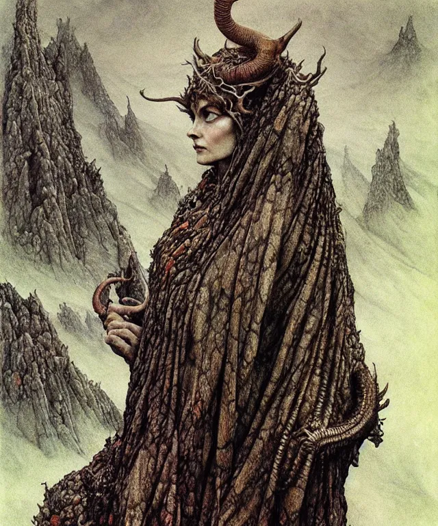 Image similar to A detailed horned snakewoman stands among the hills. Wearing a ripped mantle, robe. Perfect faces, extremely high details, realistic, fantasy art, solo, masterpiece, art by Zdzisław Beksiński, Arthur Rackham, Dariusz Zawadzki