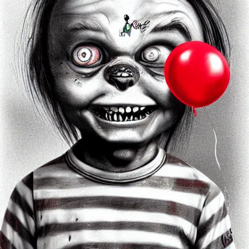 Prompt: surrealism grunge cartoon portrait sketch of chucky with a wide smile and a red balloon by - michael karcz, loony toons style, my little pony style, horror theme, detailed, elegant, intricate