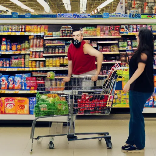 Prompt: a group of unhealthy and disturbing looking people angrily yelling at you at the checkout stand at walmart, threatening violence with seasonal items, film photography, dof 1. 3, 8 0 mm, octane render