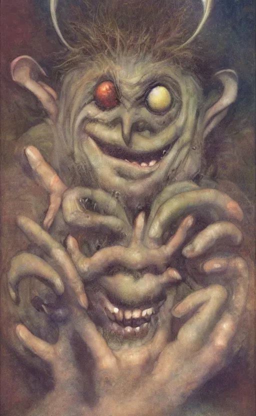 Image similar to mischievous troll man, by brian froud, stars, muted colors, oil on canvas, oil panting