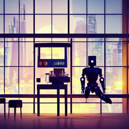 Prompt: lonely barmen human - like robot sitting in the futuristic bar and looking in the huge window where he see enoughromous city on the spaceship and flying cars, 8 k, hyperrealistic, unreal engine, bladerunner style. cyberpank