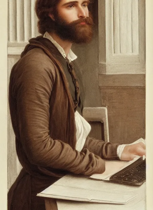 Prompt: Pre-Raphaelite young beautiful brown-haired bearded muscular male working in a office job