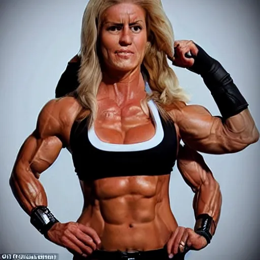 Prompt: a woman who is a genetic combination of hulk hogan and donald trump face and upper - body focus