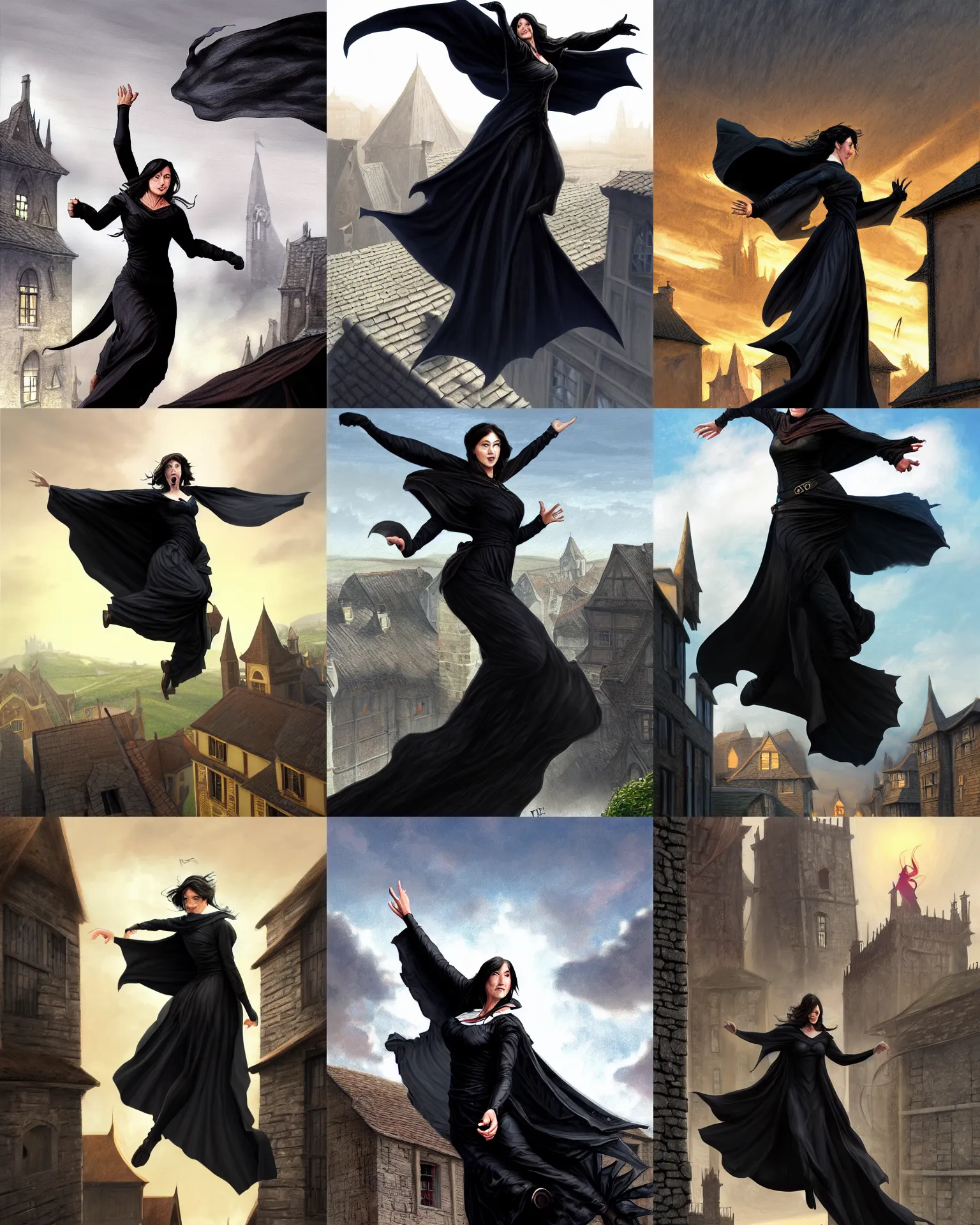 Prompt: illustration of lady vin from mistborn jumping from top of a house waving the cape with long strips of fabric, wearing black clothes and cape, medieval town landscape, trending on artstation by ted nasmith