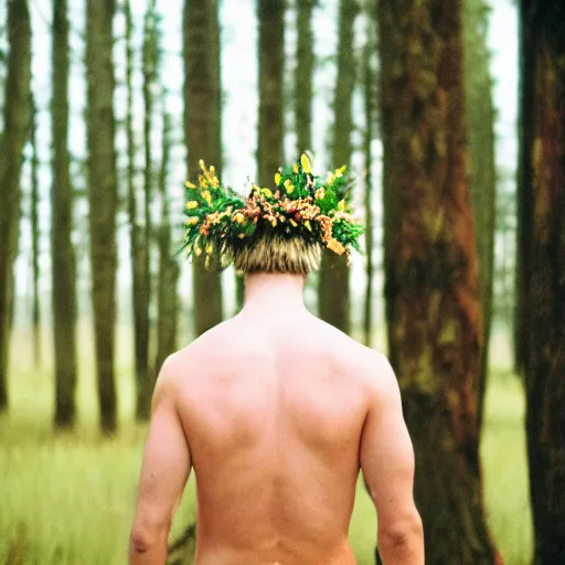 Prompt: kodak portra 4 0 0 photograph of a skinny blonde guy standing in field of dead trees, back view, flower crown, moody lighting, telephoto, 9 0 s vibe, blurry background, vaporwave colors, faded!,