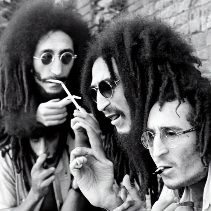 Prompt: john lennon smoking a joint with bob Marley, photograph by Willy Spiller, 1970s