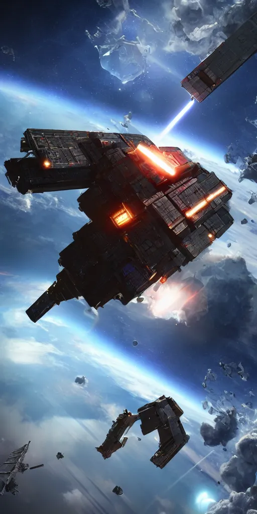 Image similar to concept art, robot launches missiles in space to destroy satellites, octane rendering, unreal engine.