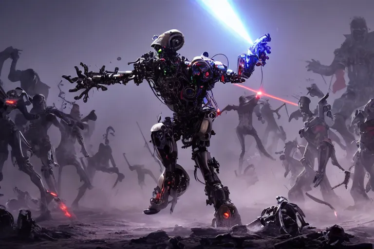 Image similar to a cyborg sweeping up a horde of zombies with his laser powered arm, epic composition, digital art, sharp focus, trending on artstation, action pose, dynamic, particle effects, bloom