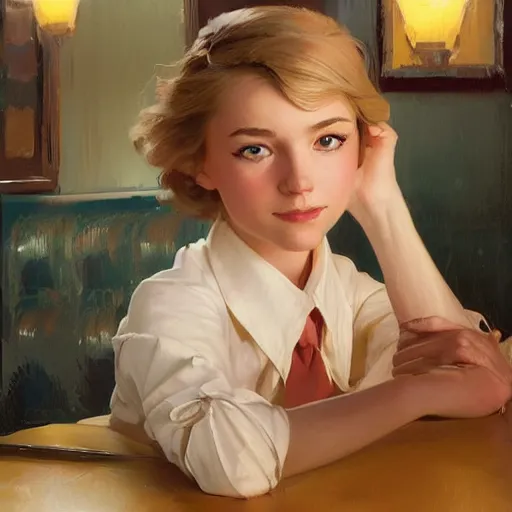 Prompt: sargent and leyendecker and greg hildebrandt, head and shoulders portrait of a cute russian young girl with blonde hair in a diner, stephen bliss, unreal engine, fantasy art by greg rutkowski, loish, rhads, ferdinand knab, makoto shinkai, ilya kuvshinov, rossdraws, global illumination, radiant light, detailed and intricate environment