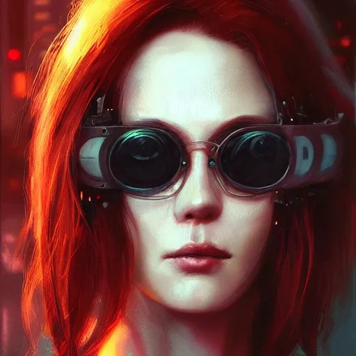 Prompt: closeup portrait of a beautiful cyberpunk assassin, round sunglasses, shag hair, cyberpunk city background, neuromancer, gorgeous view, dramatic light, digital art, painted by seb mckinnon, painted by greg rutkowski, neuromancer, trending on artstation