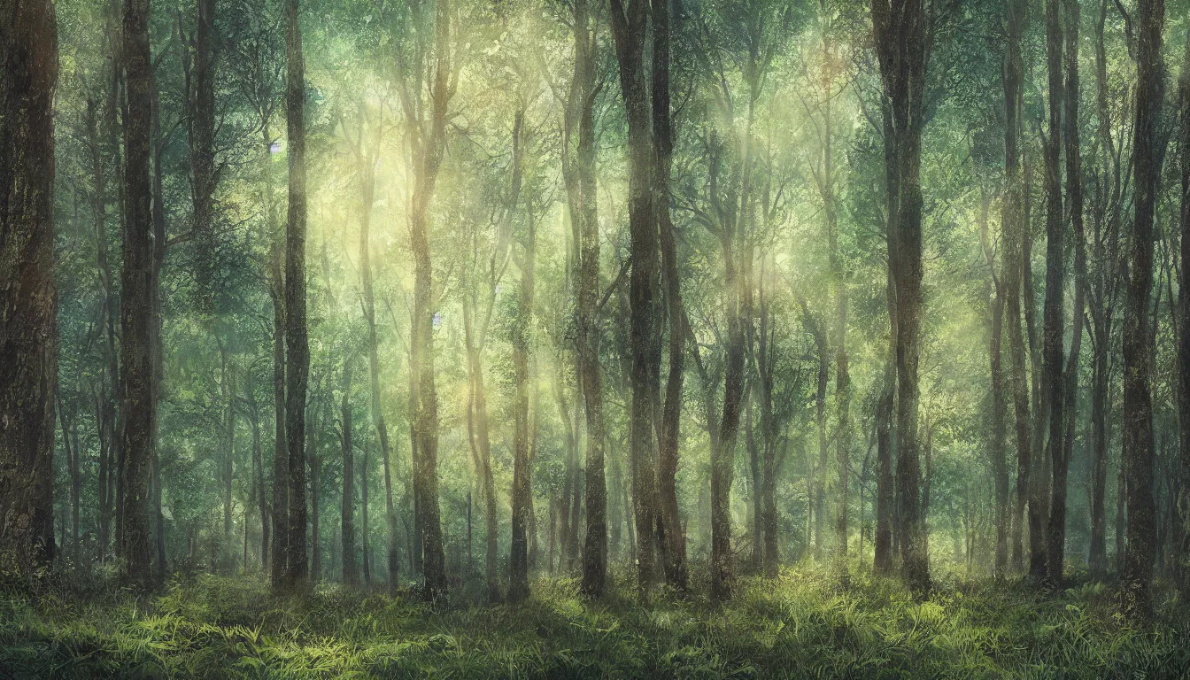 Prompt: a clearing in a forest, digital art, highly detailed, realistic, bright colors, 8 k, trending on arstation