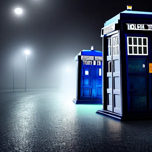 Image similar to a hyperdetailed photograph of the tardis sat on a futuristic street corner, night, dense fog, rain, hd, 8 k resolution