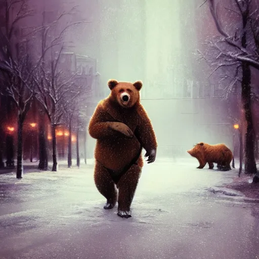 Image similar to smiling brown bear with vodka and balalaika in winter at streets of Moscow, sharp focus, fantasy style, octane render, volumetric lighting, 8k high definition, by greg rutkowski, highly detailed, trending on art Station