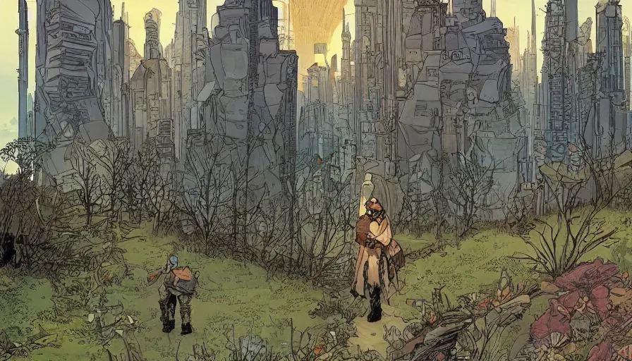 Image similar to ligne claire art of a druid in postapocalyptic city intertwined with nature in the open space, street - level view, by moebius, bright colors, eisner award - winning spread