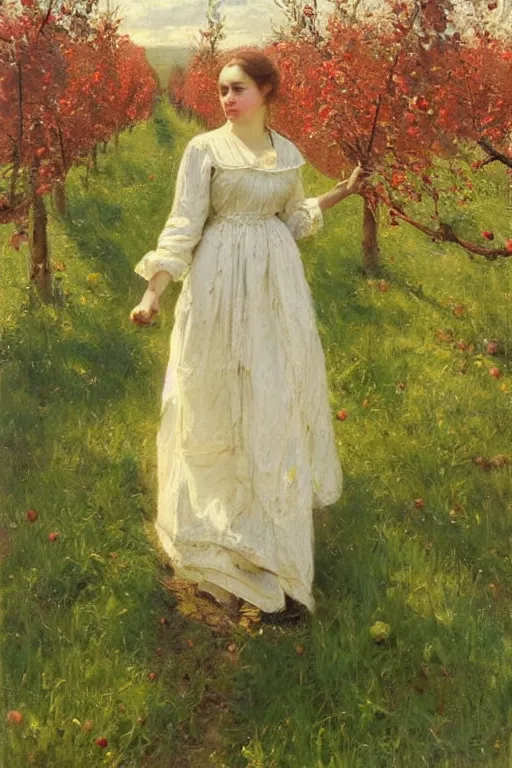 Image similar to Solomon Joseph Solomon and Richard Schmid and Jeremy Lipking victorian genre painting full length portrait painting of a young cottagecore walking in an apple orchard, red background