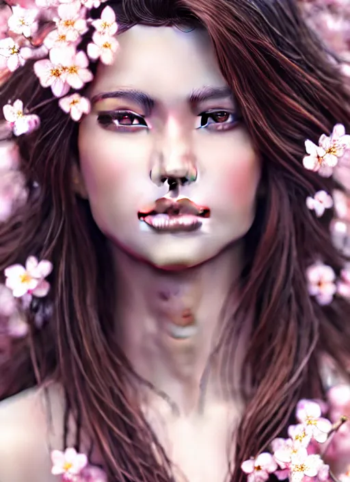 Image similar to photo of a gorgeous female with messy hair in the style of stefan kostic, realistic, body shot, sharp focus, 8 k high definition, insanely detailed, intricate, elegant, art by stanley lau and artgerm, cherry blossoms