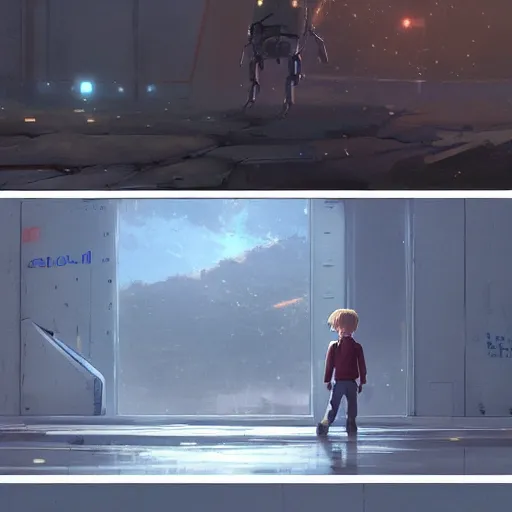 Image similar to a little boy holding hands with an enormous robot. detailed. by makoto shinkai. krzysztof maziarz. greg rutkowski