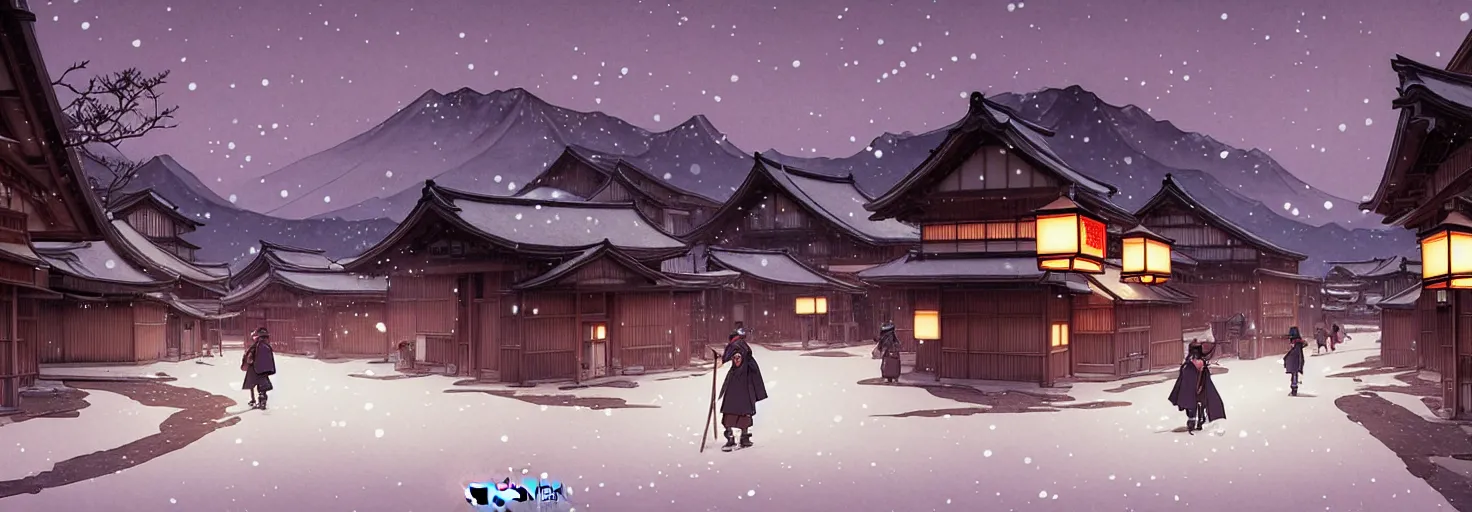 Image similar to empty rural japanese town at night, winter, in the style of studio ghibli, j. c. leyendecker, greg rutkowski, artem