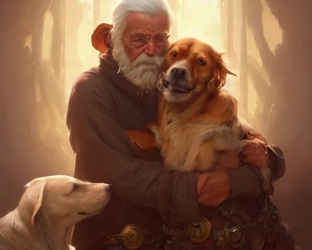 Image similar to old man hugging an old dog, deep focus, d & d, fantasy, intricate, elegant, highly detailed, digital painting, artstation, concept art, matte, sharp focus, illustration, hearthstone, art by artgerm and greg rutkowski and alphonse mucha