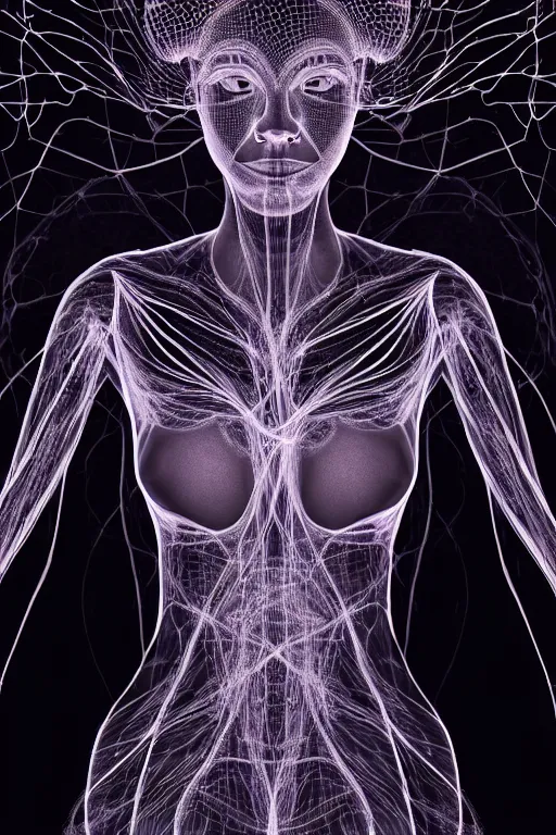 Image similar to a mesh female form composed of dark neurons and veins, see - through, transparency, translucent, hyper - detailed, subsurface illumination, cinematic, photograph, 3 d, intricate detail, portrait, dramatic volumetric lighting, fractals, trippy horror