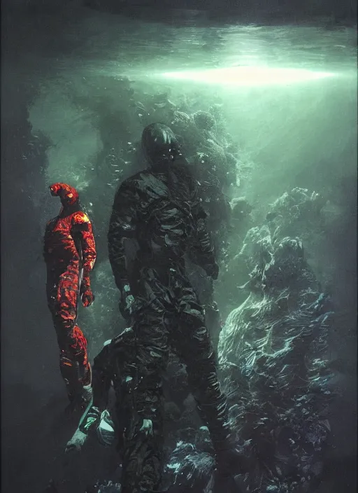 Image similar to astronauts in dark void underwater - complex and hyperdetailed technical suit. reflection and dispersion materials. rays and dispersion of light. volumetric light. f / 3 2. noise film photo. flash photography. ultra realistic, wide angle. poster by wayne barlowe, hajime sorayama aaron horkey, craig mullins