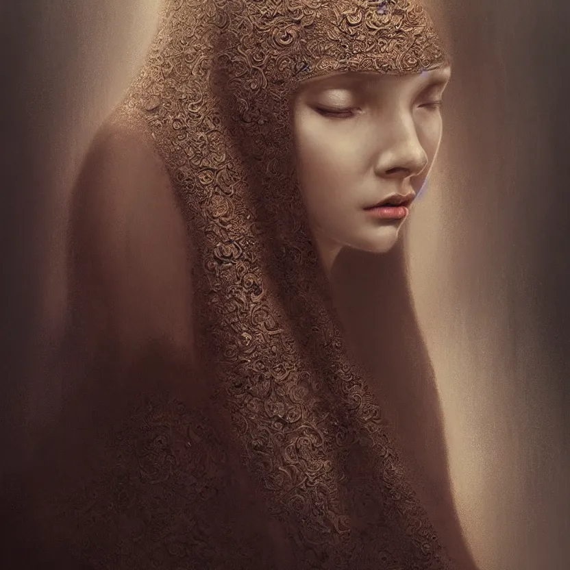 Image similar to Portrait of a young woman wearing a hooded robe, cinematic lighting, unique, intricate, elegant, highly detailed digital painting, trending on Artstation, concept art, smooth, sharp focus, illustration and art by Beksinski