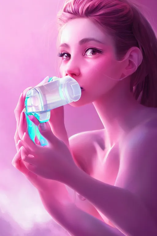 Prompt: Beautiful, Cute Woman Breathing Through a Handheld Pink Vapor Inhaler, side view, fantasy, magic, ultra detailed, digital art, trending on artstation, illustration