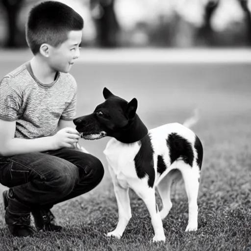 Image similar to a short young looking guy playing with his black and white dog