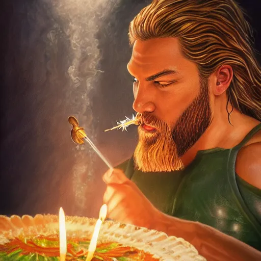 Image similar to intricate five star portrait of aquaman blowing the candle at his birthday, oil on canvas, hdr, high detail, photo realistic, hyperrealism, matte finish, high contrast, 3 d depth, centered, masterpiece, grainy, muted colors, enhanced light effect, enhanced eye detail, artstationhd