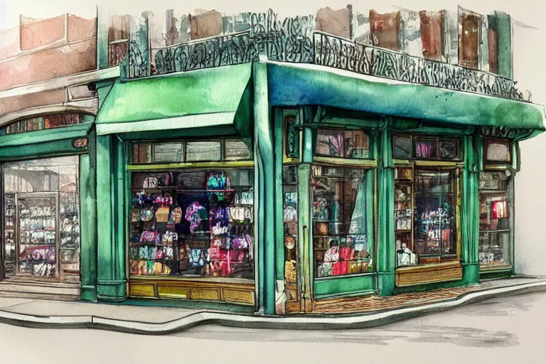 Prompt: watercolor artwork of sneaker store in russia : : green, art nouveau, trending on artstation