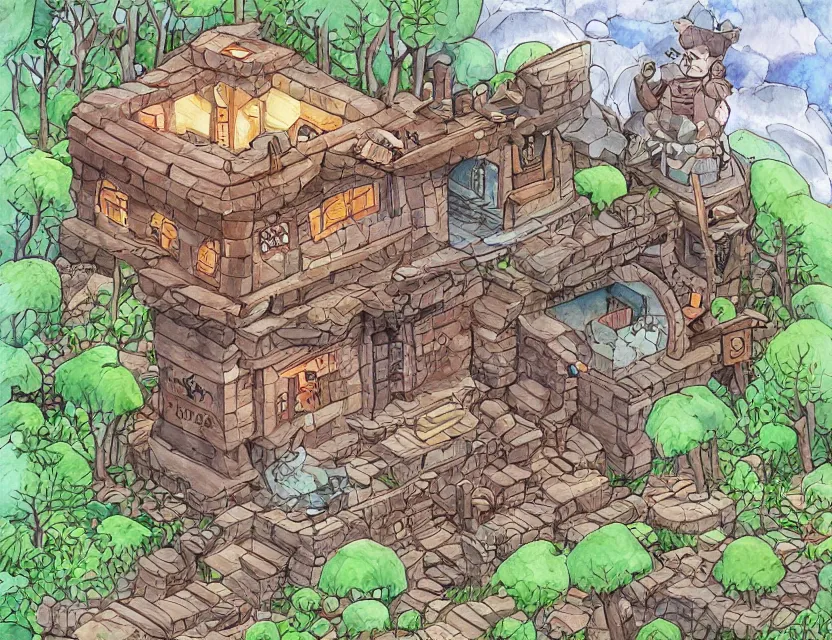 Image similar to cute and funny, a magicians cabin carved into a mountain, centered award winning watercolor pen illustration, isometric illustration by chihiro iwasaki, edited by range murata, sharply focused