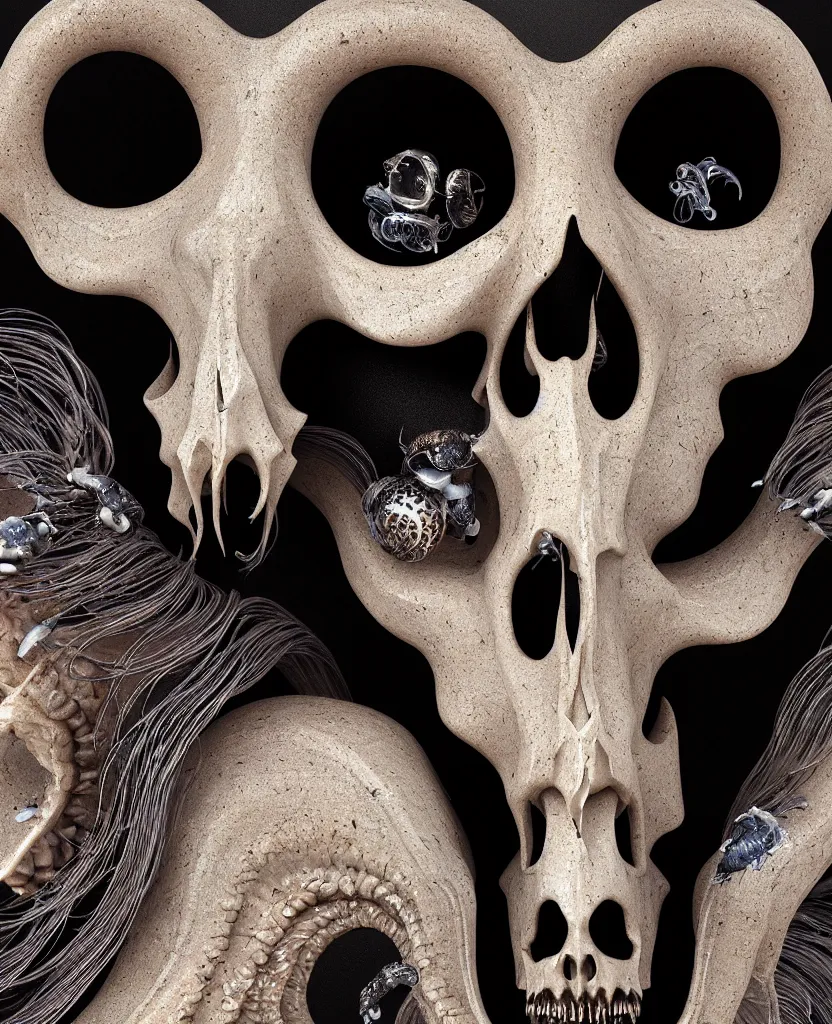 Image similar to goddess princess face close-up portrait ram skull. sculpture made of black stone with elements made of polished gold. jellyfish phoenix head, nautilus, orchid, skull, betta fish, bioluminiscent creatures, intricate artwork by Tooth Wu and wlop and beeple. octane render, trending on artstation, greg rutkowski very coherent symmetrical artwork. cinematic, hyper realism, high detail, octane render, 8k