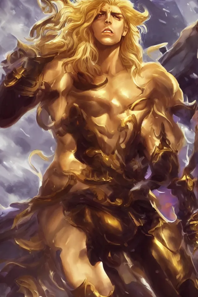 Prompt: Dio as a blond male demigod with beautiful long curly hair proclaiming victory over his subjects, grandiose royal palatial staging, official league of legends splash art, artstation HD