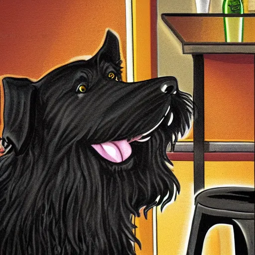 Image similar to a shaggy black dog with vampire fangs drinking at a bar while sitting on a stool. Illustration.