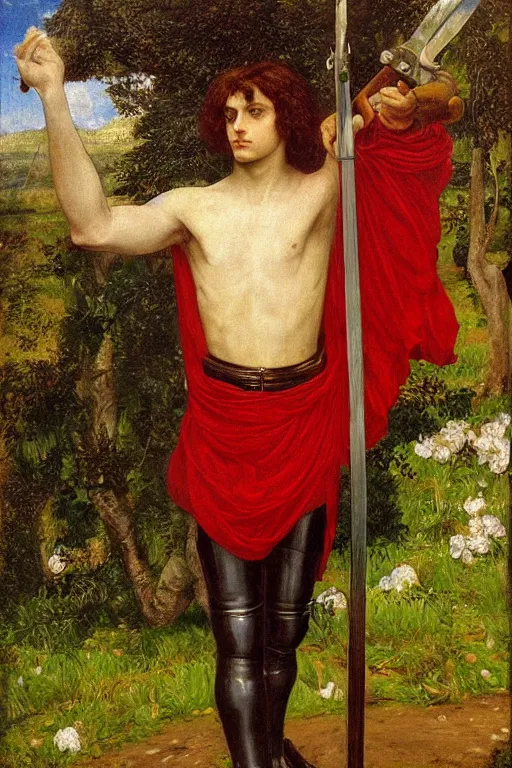 Prompt: frameless painting of a knight holding up his sword, countryside, daytime, beautiful oil painting on canvas, 1 8 5 0, pre raphaelites, in the style of dante gabriele rossetti,